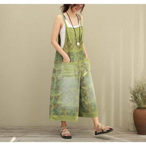 YESNO Womens Boho Cropped Wide Leg Jumpsuit Overalls M Green Lagenlook Cotton - Picture 1 of 8